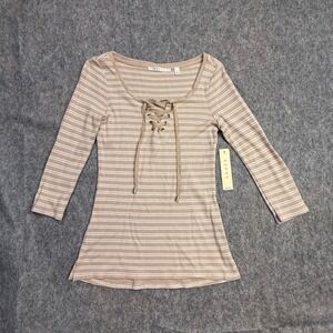 CYRUS Womens Tan White Stripe Lace Up Ribbed Long Sleeve‎ Top Size S